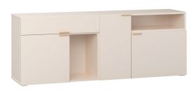 Credenza "Sarandi" 17, beige, maniglie e gambe: rovere, 3 ante, 6 scomparti, 2 vani a giorno, 1 cassetto, Ssitema "Soft-Close", 187 x 42 x 70 cm