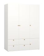 Armadio battente con LED integrato | 2 appendiabiti | Bianco/Rovere | 202,5 x 151 x 60 cm | 4 cassetti, 6 vani