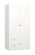 Armadio moderno 2 ante Aenna 29 | 2 cassetti | Appendiabiti | Bianco/Indaco | 202,5x100,5x60 cm | Maniglie rovere | 6 vani