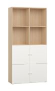 Libreria a quattro ante Aenna 34 | Rovere e bianco | 202,5 x 100,5 x 35 cm | 8 scomparti | Piedini regolabili