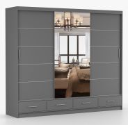 Armadio scorrevole Lusatian 35 grigio | 3 ante con specchio | 7 scomparti, 4 cassetti | 218 x 250 x 61 cm