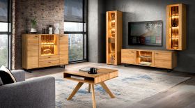 Set soggiorno Nobres 5 pezzi | Rovere nodoso | Illuminazione LED | Maniglie nere | Soft-close | Vetro antisol