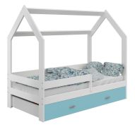 Letto a casetta 80x160 cm in pino massello bianco | Cassetto celeste | Rete a doghe inclusa