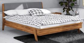 Letto singolo Otago 01 | Rovere massello selvatico oliato | Testiera imbottita grigia | 90 x 200 cm