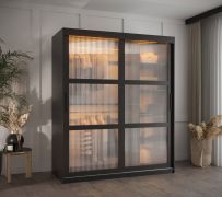 Armadio scorrevole Nadelhorn 06 nero opaco | Vetro rigato | 200x150x62 cm | 5 ripiani legno | 2 appendiabiti