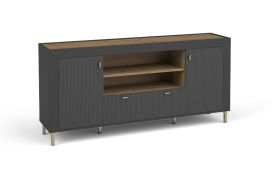 Credenza moderna nera opaca | Maniglie oro | 1 cassetto, 6 scomparti, 2 ante | 83,5 x 177 x 40 cm