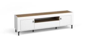 Mobile TV Barbe 22 | Bianco opaco e rovere | 1 cassetto, 3 scomparti, vani aperti | Maniglie nere | 51,5 x 177 x 40 cm