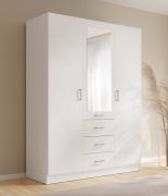 Armadio "Hydra", bianco, 2 ante a battente, 1 anta a spechio, 3 cassetti, 1 barra appendiabiti, 150,5 x 58 x 200,5 cm