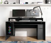 Scrivania "Kissamos" 02, rovere Artisan/grigio grafite, 6 scomparti, rialzo per monitor, ergonomica, 160 x 70 x 91,5 cm