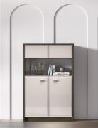 Vetrinetta "Mackenzie" 03, color rovere Dunin/cashmere lucido, maniglie: metallo, 2 ante, Sistema "Soft-Close", bordi in ABS, 92 x 40 x 141 cm