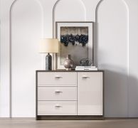 Madia "Mackenzie" 05, color rovere Dunin/cashmere lucido, maniglie: metallo, 1 anta, 3 cassetti, Sistema "Soft-Close", 117 x 40 x 85 cm