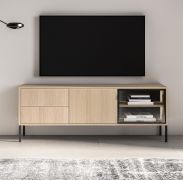 Mobile TV "Arkansas" 05, color rovere Lindberg, 2 cassetti, 3 scomparti, 1 anta in vetro con telaio in alluminio, illuminazione a LED, funzione "push-to-open", 160 x 40 x 59 cm