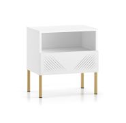 Comodino bianco opaco con funzione push-to-open | 1 cassetto e scomparto | Gambe oro | 53 x 50 x 34 cm | Chiusura ammortizzata