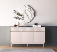 Madia "Humboldt" 05, color cashmere/rovere Cremona, gambe: metallo, 3 ante, 3 cassetti, Sistema "Soft-Close", 154 x 40 x 85 cm