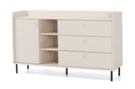 Comò "Schaarbeek" 05, beige con effetto legno, gambe e maniglie: metallo, 1 anta, 3 cassetti, 5 scomparti, 153,5 x 42 x 91 cm