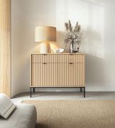 Madia "Worthing" 80, color rovere Vicenza/nero, frontali scanalati, 2 ante, 2 cassetti, 4 scomparti, bordi in ABS, 104 x 39 x 83 cm