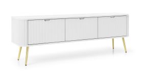 Mobile TV bianco Makreb 04 | Frontali fresati | 3 scomparti e 3 ante | Gambe in metallo oro | 57 x 168 x 39 cm
