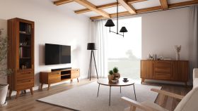 Soggiorno completo - Set F "Engordany", set 3 pz, color rovere rustico, faggio massello, laccato, 1 madia, 1 mobile TV, 1 vetrinetta