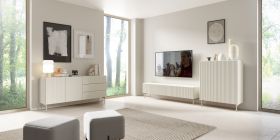 Soggiorno completo - Set A "Goulette", 3 pz, color cashmere, frontale cannettato, 2 madie, 1 mobile TV, bordi in ABS, funzione "push-to-open"