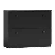 Scarpiera nera ampia | 2 cassetti ribaltabili | 82 x 100 x 26 cm | Maniglie quadrate | Gambe in metallo | Bordi in ABS