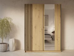 Armadio ad ante scorrevoli "Amyndeo" 01, color rovere Artisan/doghe decorative nere, 5 scomparti, 4 ripiani in legno, 1 barra appendiabiti, 1 specchio, 150,5 x 62 x 198,5 cm