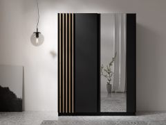 Armadio ad ante scorrevoli "Amyndeo" 01, nero/doghe decorative in rovere Artisan, 5 scomparti, 1 barra appendiabiti, 1 specchio, 150,5 x 62 x 198,5 cm