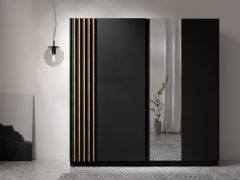 Armadio ad ante scorrevoli "Amyndeo" 02, nero/doghe decorative in rovere Artisan, 5 scomparti, 1 barra appendiabiti, 1 specchio, 200,5 x 62 x 198,5 cm