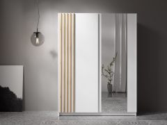 Armadio ad ante scorrevoli "Amyndeo" 01, bianco, doghe decorative in rovere Artisan, 5 scomparti, 1 specchio, 1 barra appendiabiti, 150,5 x 62 x 198,5 cm
