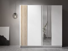Armadio ad ante scorrevoli "Almyros", bianco, doghe decorative in rovere Artisan, 5 scomparti, 1 barra appendiabiti, 1 specchio, 200,5 x 62 x 198,5 cm