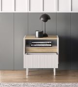Comodino "Humboldt" 08, color cashmere/rovere Cremona, gambe: metallo, 1 ripiano, 1 cassetto, Sistema "Soft-Close", 50 x 35 x 55 cm