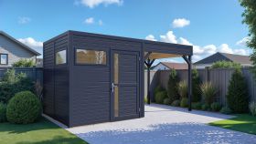 Casetta da giardino prefabbricata con estensione tetto "Basel" 02, incl. pavimento, antracite - spessore: 19 mm, SU: 10,51 m², tetto piano