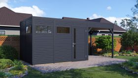 Casetta da giardino prefabbricata con estensione tetto "Basel" 03, incl. pavimento, antracite - spessore: 19 mm, SU: 13,08 m², tetto piano
