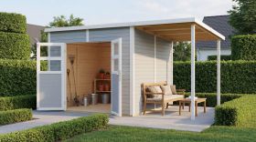 Casetta da giardino "Freiberg" 03 con estensione tetto, grigio chiaro laccato, incl. pavimento, spessore 19 mm, superficie: 9,18 m², tetto piano