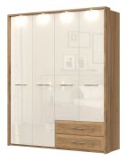 Armadio ante battenti Gataivai 56 | LED integrato | Beige lucido e noce | 224 x 182 x 56 cm
