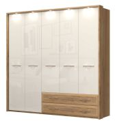 Armadio ante battenti Gataivai 57 | LED integrato | Beige lucido/Noce | 224x272x56 cm