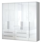 Armadio ante battenti "Siumu" 32 | Bianco lucido | 224 x 227 x 56 cm | 5 ante e 4 cassetti | Stile contemporaneo