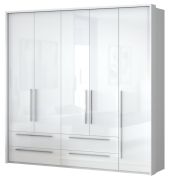 Armadio con ante battenti e LED Siumu 32 | Bianco lucido | 226 x 232 x 60 cm | 5 ante, 4 cassetti