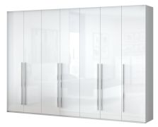 Armadio guardaroba Siumu 26 | Bianco e bianco lucido | 7 ante battenti | 224 x 317 x 56 cm