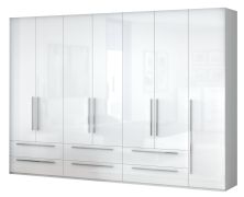 Armadio battente Siumu 39 | Bianco lucido | 224 x 317 x 56 cm | 7 ante, 6 cassetti | Design moderno