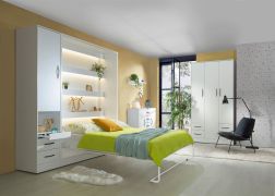 Set completo per camera da letto - Serie E Nalut | 5 pezzi | bianco | maniglie in metallo nero | letto a scomparsa 160 x 200 cm con illuminazione a LED | armadio | cassettiera