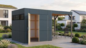 Casetta da giardino Lounge Frankfurt 01 con tetto a falda | Tetto a falda inclinata | Superficie di base 10,5 m² | Grigio / Antracite | Casetta da giardino modulare | Pannelli di rivestimento in HPL