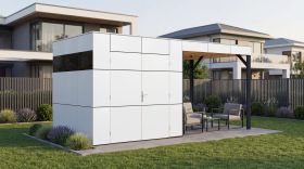 Casetta da giardino Lounge Frankfurt 01 con tetto a falda | Casetta da giardino modulare | Pannelli di rivestimento in HPL | Bianco / Antracite | Tetto a falda | Superficie di base 10,5 m²
