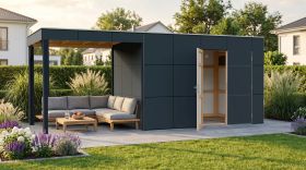 Casetta da giardino Lounge Frankfurt 02 con tetto a falda | Superficie di base 13,12 m² | Grigio / Antracite | Tetto a falda | Casetta da giardino modulare | Pannelli di rivestimento in HPL