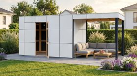 Casetta da giardino Lounge Frankfurt 02 con tetto a falda | Tetto a falda inclinata | Pannelli di rivestimento in HPL | Superficie di base 13,12 m² | Bianco / Antracite | Casetta da giardino modulare