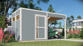 Casetta da giardino Basilea 02 con tetto apribile incl. pavimento, verniciato grigio chiaro - Casetta da giardino prefabbricata da 19 mm, superficie utile: 5,10 m², tetto piano