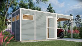 Casetta da giardino Basel 03 con tetto estensibile incl. pavimento, verniciato grigio chiaro - Casetta da giardino prefabbricata da 19 mm, superficie utile: 7,70 m², tetto piano