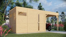 Casetta da giardino Basel 03 con tetto estensibile incl. pavimento, finitura naturale - Casetta da giardino prefabbricata da 19 mm, superficie utile: 7,70 m², tetto piano