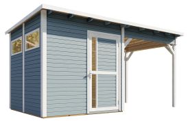 Casetta da giardino "Kiel" 02, grigio chiaro laccato, con estensione tetto, incl. pavimento - spessore 19 mm, SU: 5,10 m², tetto piano