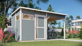 Casetta da giardino Kiel 02 con tetto apribile incl. pavimento, verniciato grigio chiaro - Casetta da giardino prefabbricata da 19 mm, superficie utile: 5,10 m², tetto piano