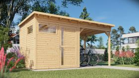 Casetta da giardino "Kiel" 02 con estensione tetto, incl. pavimento, legno grezzo - spessore 19 mm, SU: 5,10 m², tetto piano